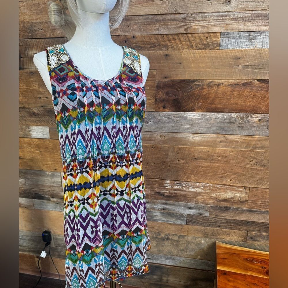 Alberto Makali Crinkled mesh overlay with vibrant tribal/ikat with heavy beading